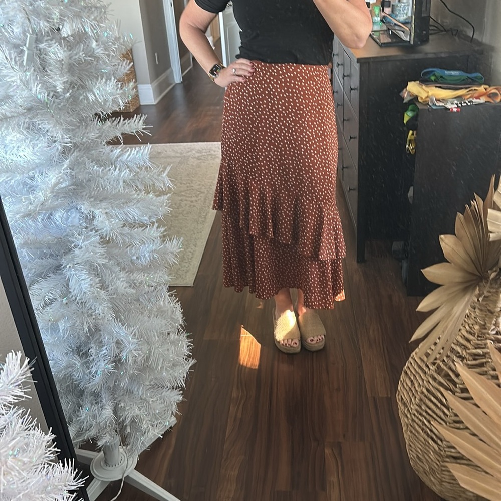 Very J Rust Brown Polka Dot Ruffled Maxi Skirt - Picture 3 of 11